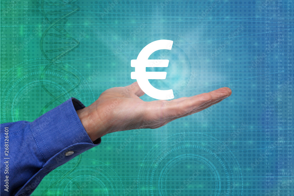 Poster male hand using euro icon on virtual display, on technological background, using network interface, 