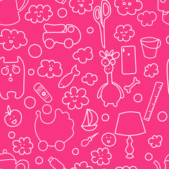 Seamless pattern, household items toys, cactus, dishes. Kavayny faces, emotions, expressions