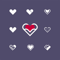 Outline stylized heart on dark background. Set of nine vector models. Vector illustration on the theme of love and romance relationship. Flat design