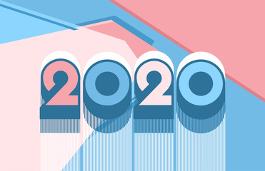 Vector illustration abstract background of different geometric shapes and lettering 2020 and calendar. For stylish design of printing and web design in blue and pink coral tones.