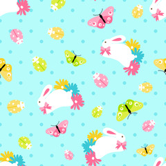 Seamless pattern with easter spring bunny in flowers on blue background