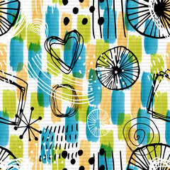 Beautiful abstract seamless pattern with watercolor paint stains and ink shapes in blue, green, orange, white and black colors. Repeating wallpaper. Trendy background design.