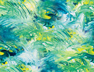 Fototapeta na wymiar Blue, green and yellow fluid gouache finger painting as seamless surface pattern design