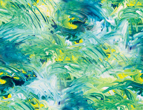 Blue, green and yellow fluid gouache finger painting as seamless surface pattern design