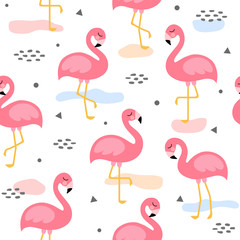 Fototapeta premium Flamingo Cute Seamless Pattern, Summer Wallpaper Background, Cartoon Vector illustration