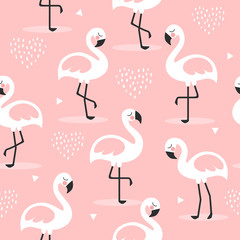 Fototapeta premium Flamingo Cute Seamless Pattern, Summer Wallpaper Background, Cartoon Vector illustration