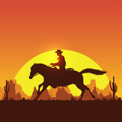 Silhouette of a cowboy riding horse at sunset, Vector Illustration