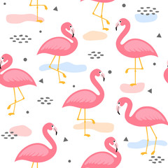 Flamingo Cute Seamless Pattern, Summer Wallpaper Background, Cartoon Vector illustration