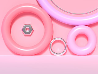 abstract pink geometric shape wall blank floor colorful scene 3d rendering