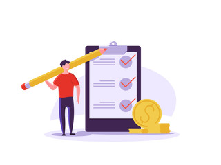 Concept of time managment, checklist, business tasks. Positive business man with a giant pencil beside to a checklist marked on paper on the clipboard. Vector illustration of flat cartoon design