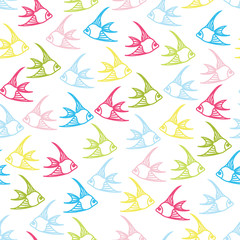 Vector seamless pattern with multicolor decorative ocean fishes. Funny under sea background