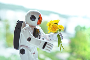 A robot with a living bouquet of yellow dandelions.