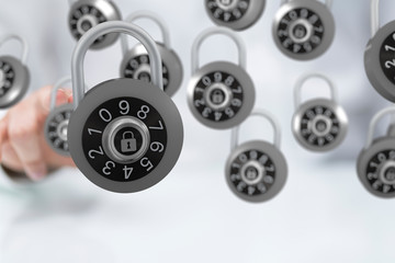 secure lock - padlock holding in hand access concept 3d