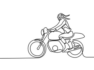 Fototapeta na wymiar Continuous one line woman ride on motorbike, vector illustration.