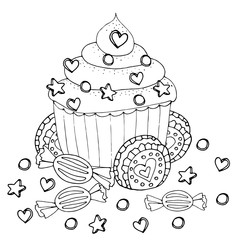Coloring page with cake, cupcake, candy and other dessert