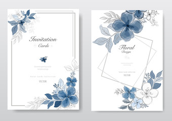 Set of blue watercolor florals card