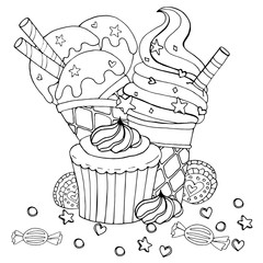 Coloring page with cake, cupcake, candy, ice cream and other dessert