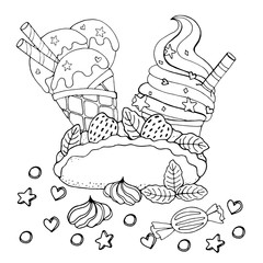 Coloring page with cake, cupcake, candy, ice cream and other dessert