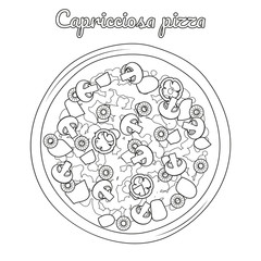 Capricciosa pizza with ham, olives and mushrooms. Object for packaging, advertisements, menu. Isolated on white. Vector illustration. Silhouette. Black and white.