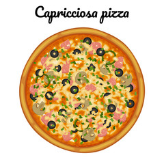 Capricciosa pizza with ham, olives and mushrooms. Object for packaging, advertisements, menu. Isolated on white. Vector illustration. Cartoon.