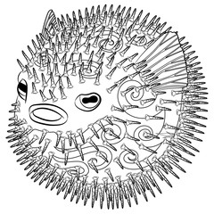 Coloring page with puffer fish in patterned style.