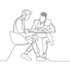 Continuous one line drawing two businessman discussing work with documents