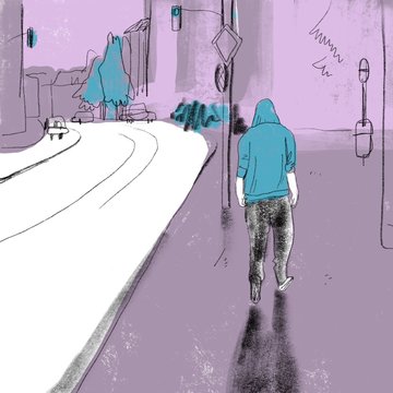 Illustration of man in hoodie walking on street