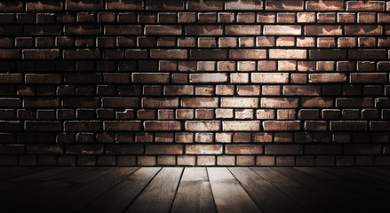 Obraz na płótnie Canvas Empty scene background. Old brick wall, wooden floor. Spotlight in the dark