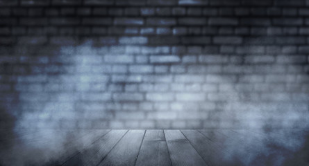 Empty scene background. Old brick wall, wooden floor. Spotlight in the dark