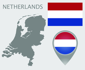 Obraz premium Colorful flag, map pointer and gray blank map of Netherlands. High detail. Vector illustration
