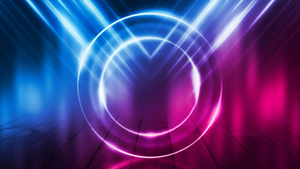 Background of an empty disco scene. Neon figure of a fractal circle in the center of the scene. Neon light smoke. Dark abstract futuristic background