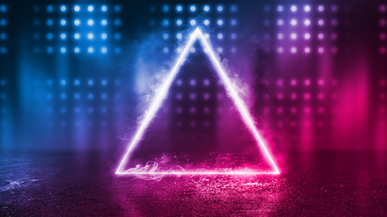 Background of an empty disco scene. Neon figure of a fractal triangle in the center of the scene....