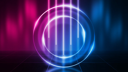 Background of an empty disco scene. Neon figure of a fractal circle in the center of the scene. Neon light smoke. Dark abstract futuristic background