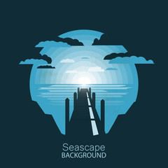 Seascape.Silhouette pier on sunset.Negative space illustration.Flat design