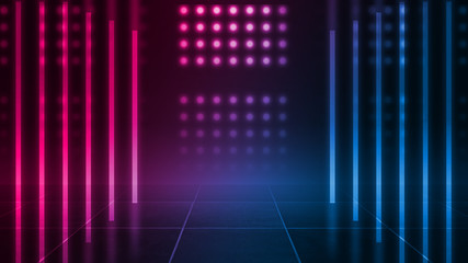 Empty background scene. Dark room, neon blue and pink figures in the dark, smoke. Abstract dark background.