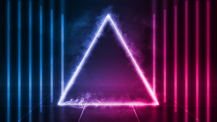 Background of an empty disco scene. Neon figure of a fractal triangle in the center of the scene....