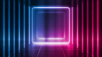 Background of an empty disco scene. Neon square figure in the center of the scene. Neon light smoke. Dark abstract futuristic background