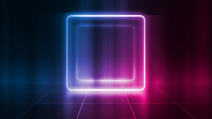 Background of an empty disco scene. Neon square figure in the center of the scene. Neon light...