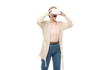 excited woman in vr headset experiencing Virtual reality Isolated On White