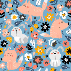 Seamless background with animals and plants