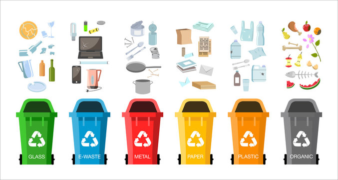 Waste management concept. Different types of Waste: Organic, Plastic, Metal, Paper, Glass, E-waste. Separation of waste on garbage cans for recycling. Colored waste bins with trash. Flat design vector