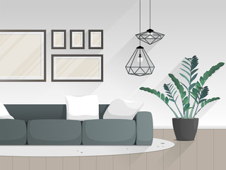 Modern living room interior with furniture. Gray sofa on the background of the wall with paintings and a home plant. Flat style.