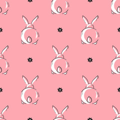 Easter Seamless Pattern with Bunnies Back View. Spring or Summer Background with Little Rabbits. Cute Bunny tails with Flowers. Hare Line Art Vector Illustration