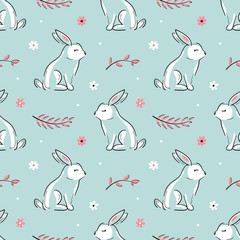 Easter Floral Seamless Pattern with Bunnies. Spring or Summer Background with Little Rabbits. Cute Bunny with Leaves and Flowers. Hares Line Art Vector Illustration