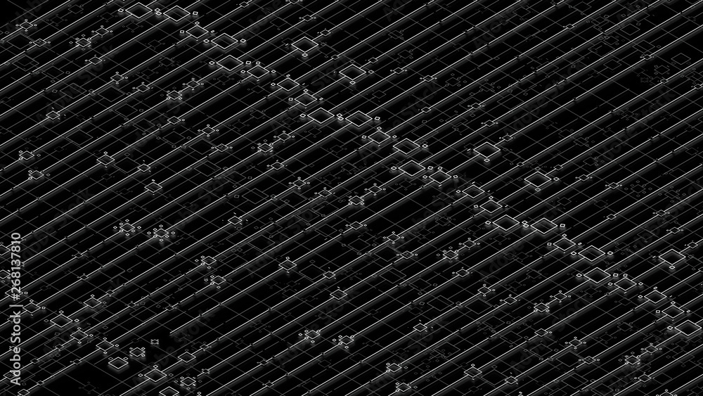 Poster 3d render digital abstract background with technology lines and square elements above dark reflectiv