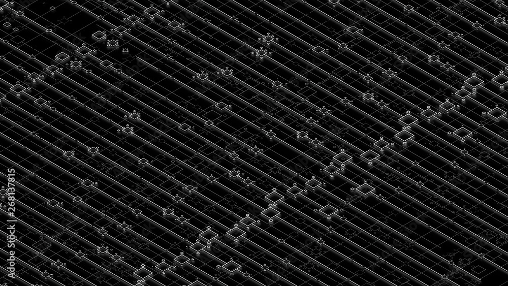 Poster 3d render digital abstract background with technology lines and square elements above dark reflectiv