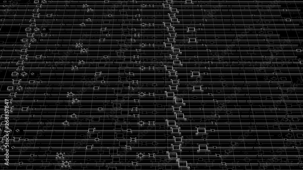Poster ..3d render digital abstract background with technology lines and square elements above dark reflect