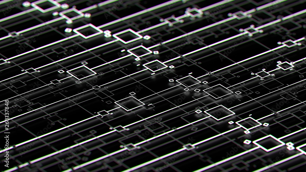 Poster ..3d render digital abstract background with technology lines and square elements above dark reflect