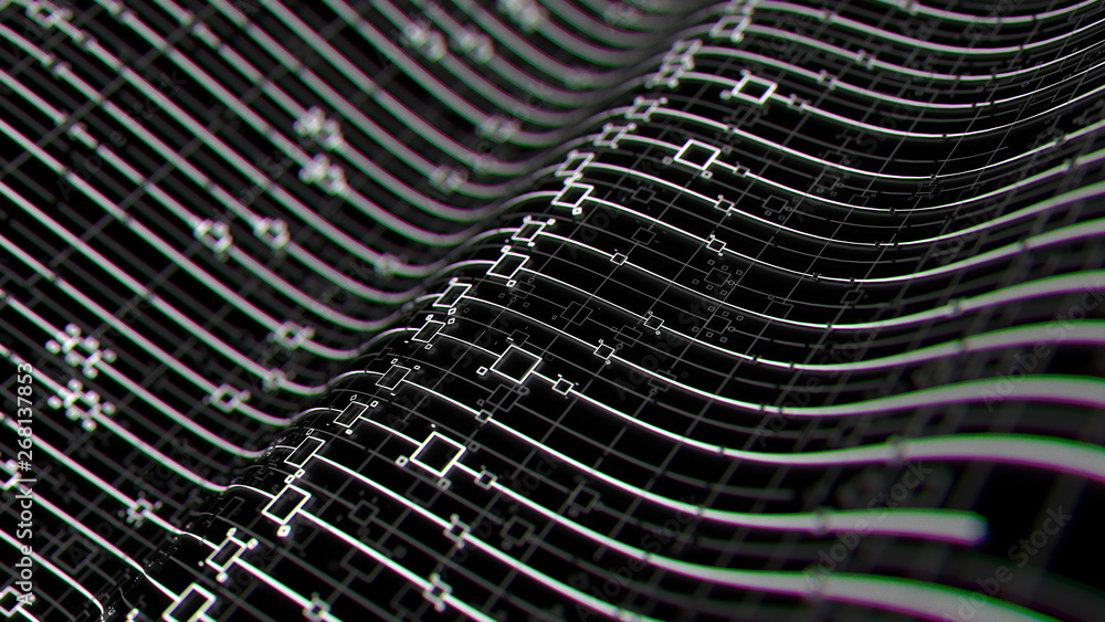 Poster 3d render digital abstract background with technology lines and square elements above dark reflectiv