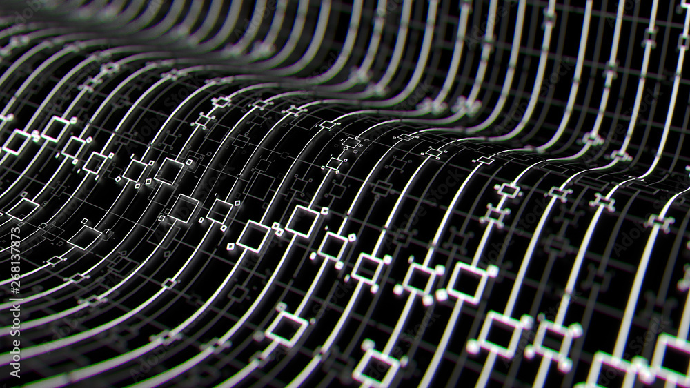 Poster 3d render digital abstract background with technology lines and square elements above dark reflectiv